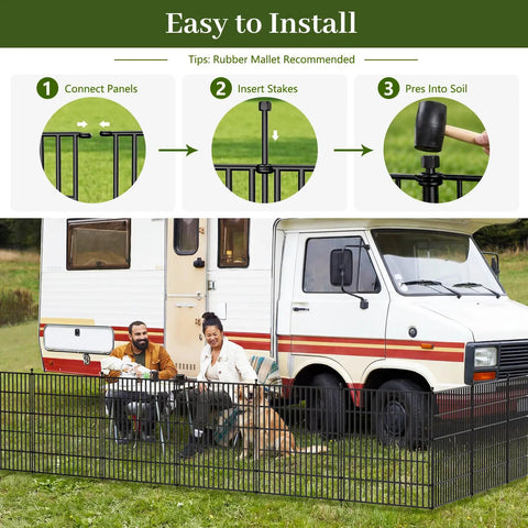 Image showing installation of No Dig 10 Panel Decorative Outdoor Garden Fence With Gate For Yard 40 Inch High And 23.6 Feet Long Rustproof Metal Wire Panels Animal Barrier For Dogs Rabbits And Patio Easy To Install And Weather Resistant around a camper van, with panels being connected, stakes inserted, and pressed into soil.