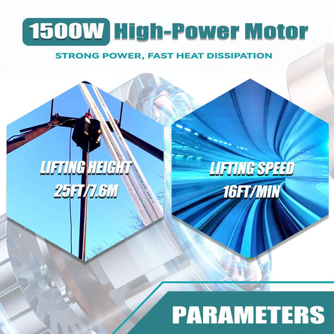 1500 Watt 3-in-1 Electric Hoist Winch 120V Portable Lifter With Remote Control Wired And Wireless Options 1100 Lbs Capacity fast 16 ft per minute speed and 25 ft height