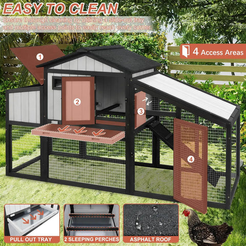 65.3 Inch Long Wooden Chicken Coop And Run For One To Two Chickens With Nest Box Tray And Perches, black with 4 access areas