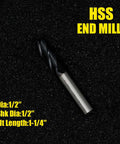 Angled side view of an HSS roughing end mill with square nose, 4 flutes, 1/2" shank, 1-1/4" flute length.