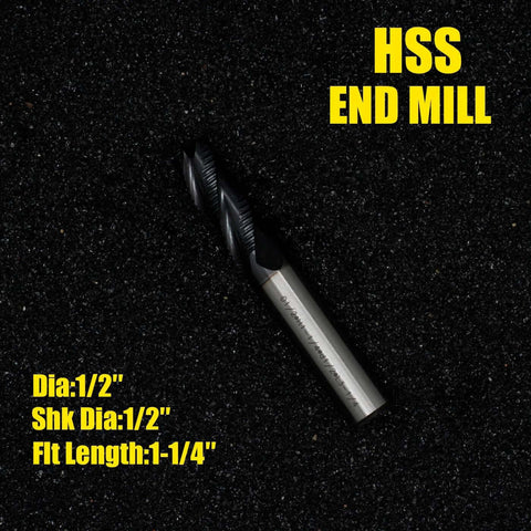 Angled side view of an HSS roughing end mill with square nose, 4 flutes, 1/2" shank, 1-1/4" flute length.