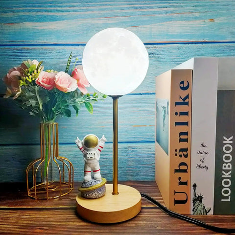 Moon Table Lamp Space Buddy Night Light For Kids Bedroom Astronaut Moon Figure With 3 Color Temperatures 3000K 4000K 6000K Two 7W G9 LED Bulbs Wooden Base Cool Space Themed Gift