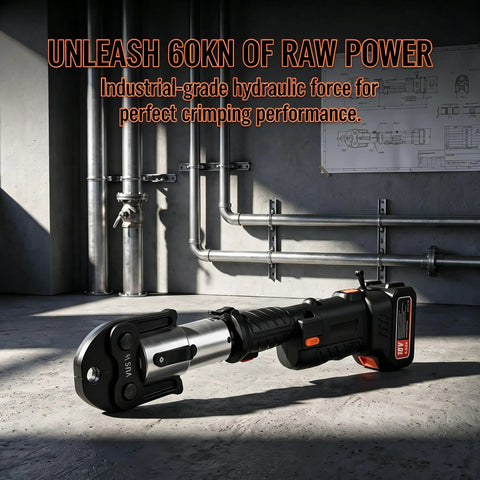 Heavy Duty 18V Electric Pipe Crimper With 60KN Force High Carbon Steel Hydraulic Press Tool on job site with pipes.
