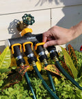 4 Way Lever Flow Through Valve Connector Bundle For Garden Hoses, High Volume Valves, Longer Levers, Vertical Operation, Metal Hose Threads, EZ Flow 4 Way Control, Yellow And Black attached to garden hoses