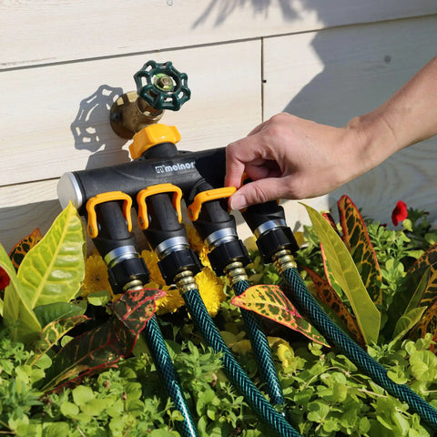 4 Way Lever Flow Through Valve Connector Bundle For Garden Hoses, High Volume Valves, Longer Levers, Vertical Operation, Metal Hose Threads, EZ Flow 4 Way Control, Yellow And Black attached to garden hoses