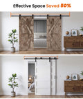 White 40x84 Inch Double Sliding Barn Door Set With 5 Panel MDF Doors, 6 Foot Bypass Hardware Kit shown in living room setup