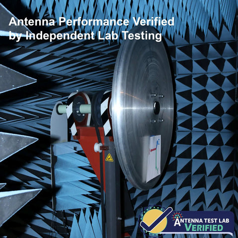 Antenna performance verification setup with a metal disc and testing equipment in an echo chamber.