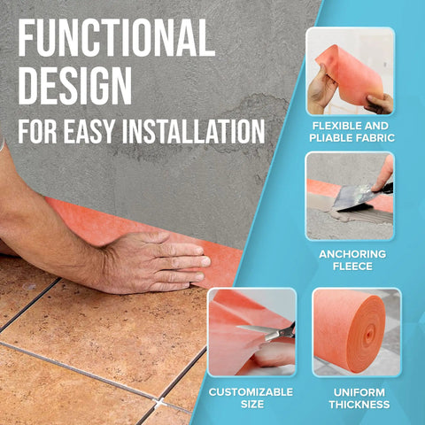 Waterproof Shower Membrane Strip 5 Inch by 98.5 Feet, 4 Mils Thick Tile Underlayment Membrane for bathrooms shown in use on tiles.