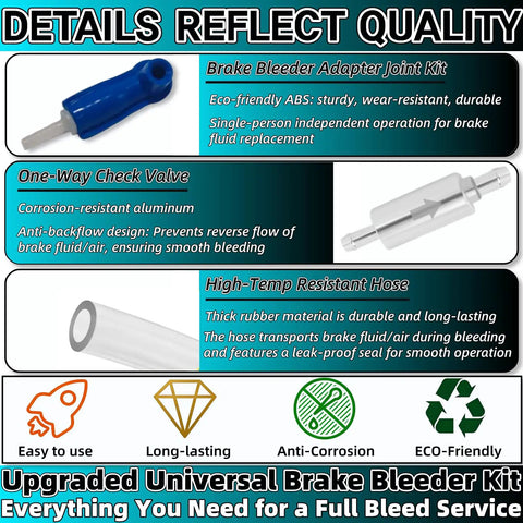 Universal Brake Bleeder Kit With One Way Check Valve Adapter And Hose For Car Motorcycle And Clutch Systems Built For One Man Operation With Easy Quick Connect Attachments A Hydraulic Bleeding Tool with details on parts and features.