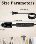 Front view of black edge banding iron with LCD display; coiled power cord and dimensions labels visible.