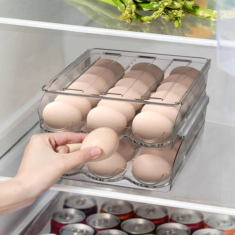 18 Egg Auto Rolling Fridge Egg Tray Storage Organizer For Refrigerator Easy Grab And Go Egg Container with hand accessing egg