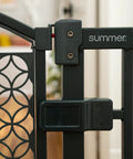 Close-up of latch on gray walk through baby and pet gate easy to use for doorways and stairways no drill pressure mount