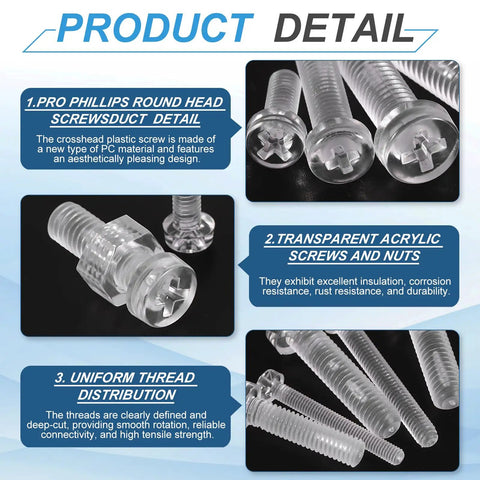Clear Acrylic Screws And Hex Nuts Kit 40 Piece M6 12mm Phillips Round Head Plastic Bolts with product details