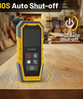 Dead On Accuracy 328 Foot Range Laser Distance Meter For Room Tracking And Volume Calculations Speedy Backlit Display on wood surface.