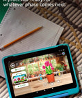 Dope Yet Durable Kids Tablet With A Snappy Eight Inch Hd Display 64 Gb Memory Buttery Smooth Processing on a rug with school supplies.