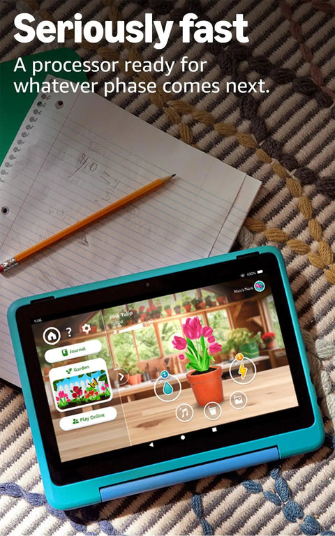 Dope Yet Durable Kids Tablet With A Snappy Eight Inch Hd Display 64 Gb Memory Buttery Smooth Processing on a rug with school supplies.