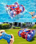 All Terrain Amphibious RC Vehicle With 4WD Waterproof Design for Land and Water performing stunts on grass and water.