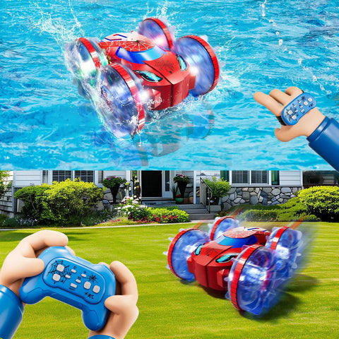 All Terrain Amphibious RC Vehicle With 4WD Waterproof Design for Land and Water performing stunts on grass and water.