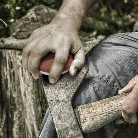 Using Dual Sided Axe And Hatchet Sharpening Stone With 180 Grit And 320 Grit For Quick Sharp Edges Pro Grade Whetstone Tool.