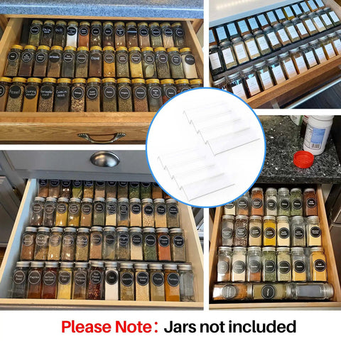 Heavy Duty Clear Acrylic Spice Drawer Organizer 4 Tier 2 Pack Slick Expandable Seasoning Rack displaying jars in organized kitchen drawer.