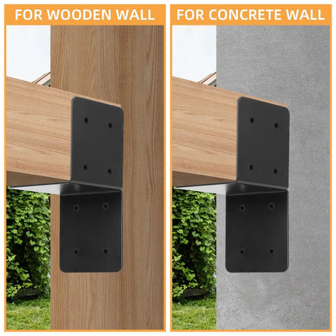 4 Piece Joist Anchor Connectors for 4x4 and 4x6 wood posts shown installed on wood and concrete walls, heavy duty carbon steel.
