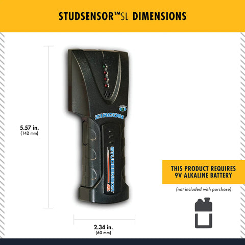 Badass Slick Wood and Metal Stud Finder with Edge Detection Wall Scanner dimensions of 5.57x2.34 inches for drywall searches.