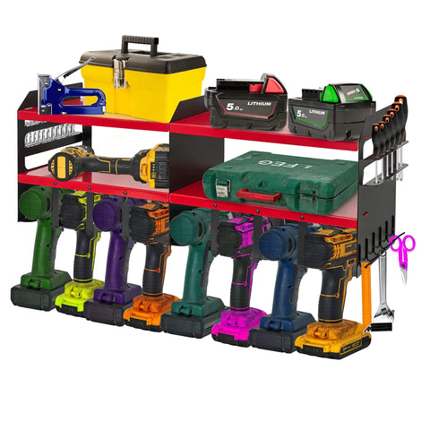 Cordless Drill Charging Station With Eight Drill Holders, Heavy Duty Power Tool Organizer, Wall Mount with tools on display.