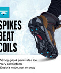 Bottom view of a boot with Everyday G3 Ice Cleats For Shoes And Boots With Traction Spikes that boost grip on snow and ice.