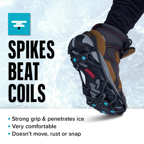 Bottom view of a boot with Everyday G3 Ice Cleats For Shoes And Boots With Traction Spikes that boost grip on snow and ice.