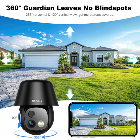 Wireless Outdoor Security Camera System With 2K Pan Tilt 360 View showing camera coverage around a house.