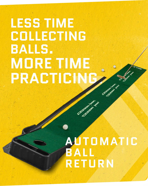 Accelerator Pro Indoor Golf Putting Mat With Auto Ball Return Behind The Hole Ball Collector, showing mat and alignment guides