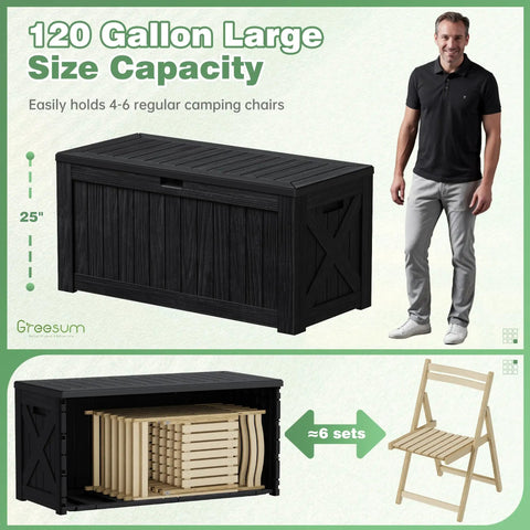 120 Gallon Outdoor Storage Box With Lid, Lockable, Waterproof And UV Resistant, Resin Deck Box With Wood Grain Look, Black, Front View