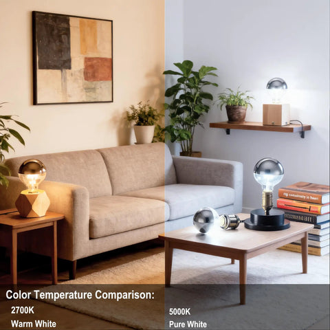 Color temperature comparison with Dope Half Chrome Dimmable LED Edison Bulb 6W Equivalent 60W and 5000K bulb in living room setting.