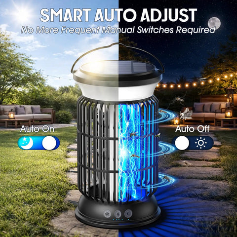 4-In-1 Solar Bug Zapper Outdoor, Rechargeable 6000mAh Mosquito Zapper at night in patio with glowing electric grid