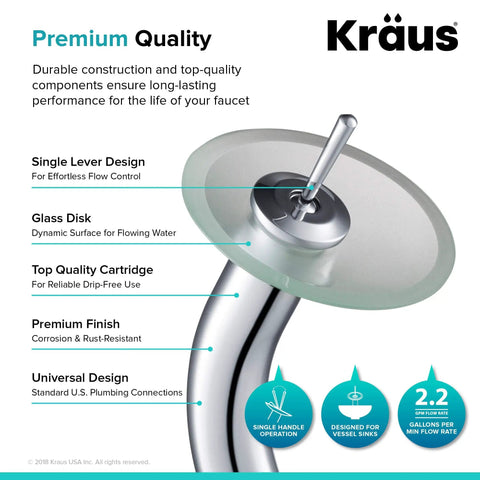 Tall Waterfall Vessel Sink Faucet With Frosted Glass Disk In Chrome Finish A Modern Bathroom Centerpiece That Pops Your Decor Built Tough Metal Construction For Smooth Flow And Easy Install featuring single lever and premium quality by Kraus.