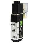 Solenoid valve, 1/4 in NPT, 5-way 2-position, DC 12V; black top with silver body and threaded ports