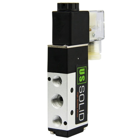 Solenoid valve, 1/4 in NPT, 5-way 2-position, DC 12V; black top with silver body and threaded ports