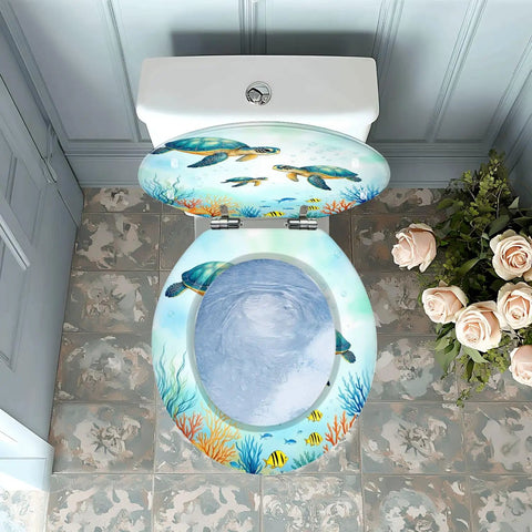 Toilet Seat Round Resin for Bathroom with a decorative aquatic design featuring turtles and coral.