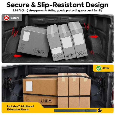 Tough Auto Retractable Ratchet Cargo Straps For Ford F150 Truck Bed Haulin Setup Boss Tie Downs With 1500 Pound Grip And No Sweat Self Tightening Slack Control securing boxes in truck bed.
