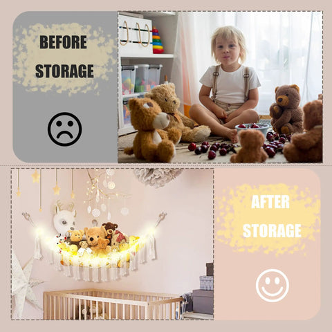 Before and after of toys stored in Stuffed Animal Hammock With LED Light Large Plushie Net Storage For Kids Room Decor Corner Toy Organizer.