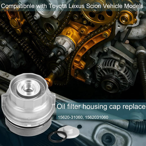 Toyota Oil Filter Housing Cap Assembly Fits Camry RAV4 Highlander Tundra 4Runner Tacoma Sienna Venza Avalon FJ Cruiser Replaces 1562031060 Direct Fit Cap shown with engine background.