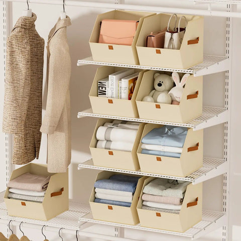 Light beige Fabric Closet Storage Cubes 8 Pack with Dual Handles Square Storage Bins for clothes and toys on shelves.