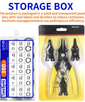 Packaging of 4 In 1 Snap Ring Pliers Set With 380 Pcs Retaining Ring Kit, labeled storage box for internal and external circlips.