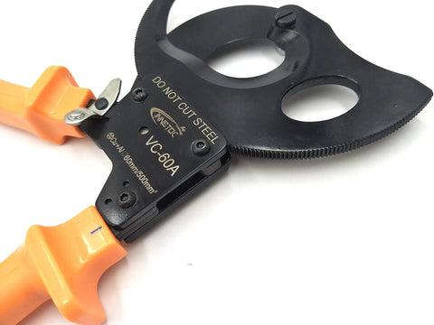 Ratcheting Cable Cutter For Copper And Aluminum Wire, Heavy-Duty Hand Tool That Cuts Up To 60mm Diameter Cables close-up view.