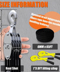 Rope Hoist Pulley System With Metal Bearing 4400lb Block And Tackle 8 To 1 Lift 65ft Heavy Duty With 2 Straps size details