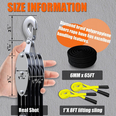 Rope Hoist Pulley System With Metal Bearing 4400lb Block And Tackle 8 To 1 Lift 65ft Heavy Duty With 2 Straps size details