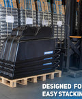 Heavy Duty Tilt Truck And Half Cubic Yard Dump Cart, 750 Lb Capacity, Injection Molded Polyethylene Body, stacked for storage.