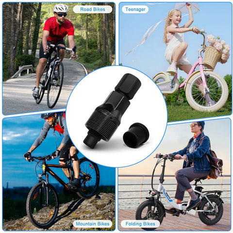 Two Pack Bike Crank Puller Tool For Square Taper And Splined Cranks with cyclists on various bikes background ride ready
