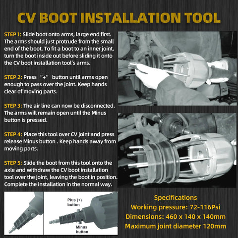 Universal Pneumatic CV Joint Boot Tool Expander Rod Spreader Kit in use for CV boot installation process, DIY Friendly Pro Grade guide visible