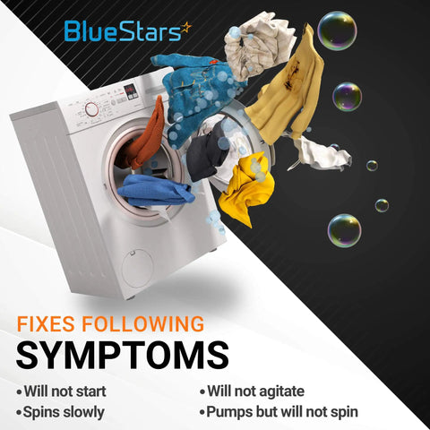 Upgraded Washer Shift Actuator Replacement For Whirlpool Crosley Maytag with floating clothes and bubbles illustration